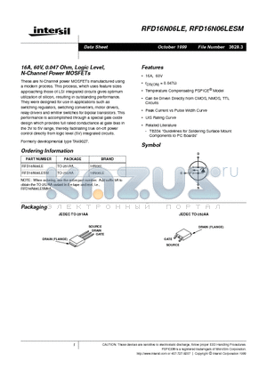 RFD16N06LESM datasheet - 16A, 60V, 0.047 Ohm, Logic Level, N-Channel Power MOSFETs