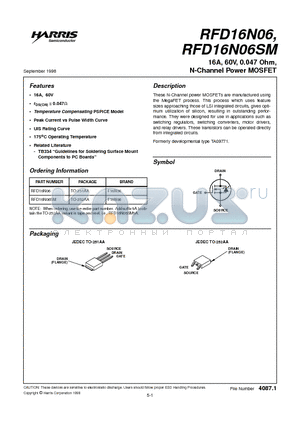 RFD16N06SM datasheet - 16A, 60V, 0.047 Ohm, N-Channel Power MOSFET