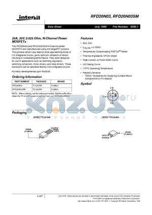 RFD20N03 datasheet - 20A, 30V, 0.025 Ohm, N-Channel Power MOSFETs