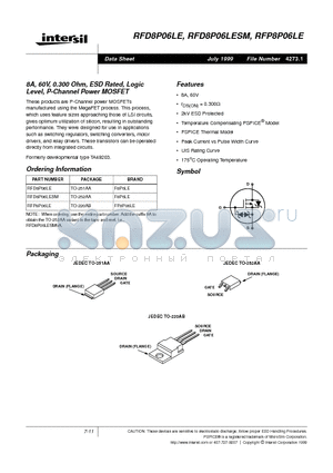 RFD8P06LESM datasheet - 8A, 60V, 0.300 Ohm, ESD Rated, Logic Level, P-Channel Power MOSFET
