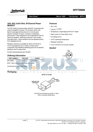 RFF70N06 datasheet - 25A, 60V, 0.025 Ohm, N-Channel Power MOSFET