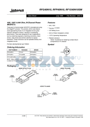 RFG40N10 datasheet - 40A, 100V, 0.040 Ohm, N-Channel Power MOSFETs