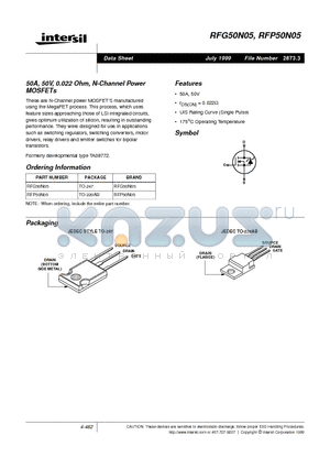RFG50N05 datasheet - 50A, 50V, 0.022 Ohm, N-Channel Power MOSFETs