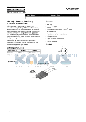 RFG60P06E datasheet - 60A, 60V, 0.030 Ohm, ESD Rated, P-Channel Power MOSFET