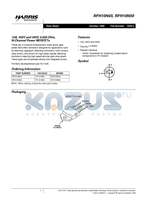 RFH10N50 datasheet - 10A, 450V and 500V, 0.600 Ohm, N-Channel Power MOSFETs