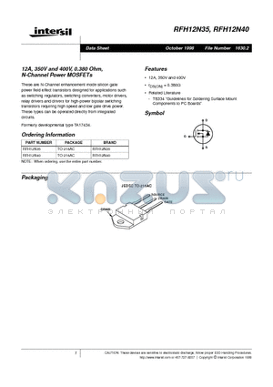 RFH12N35 datasheet - 12A, 350V and 400V, 0.380 Ohm, N-Channel Power MOSFETs