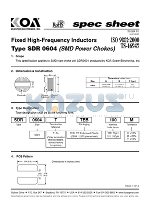 SDR0604TTEB datasheet - Fixed High-Frequency Inductors