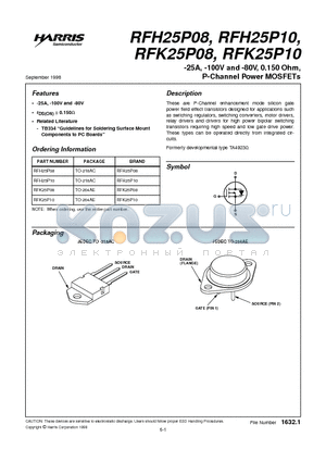 RFH25P08 datasheet - -25A, -100V and -80V, 0.150 Ohm, P-Channel Power MOSFETs