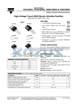 VF20120SG datasheet - High-Voltage Trench MOS Barrier Schottky Rectifier Ultra Low VF = 0.54 V at IF = 5 A