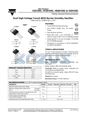 VF20150C datasheet - Dual High-Voltage Trench MOS Barrier Schottky Rectifier Ultra Low VF = 0.59 V at IF = 5 A