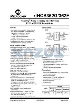 RFHCS362AG datasheet - Code Hopping Encoder with UHF ASK/FSK Transmitter