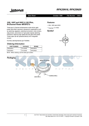 RFK25N18 datasheet - 25A, 180V and 200V, 0.150 Ohm, N-Channel Power MOSFETs