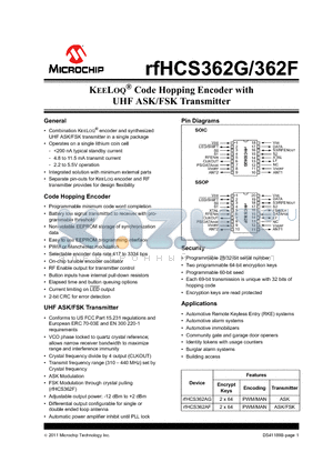 RFHCS362G datasheet - KEELOQ^ Code Hopping Encoder with UHF ASK/FSK Transmitter