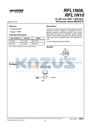 RFL1N10 datasheet - 1A, 80V and 100V, 1.200 Ohm, N-Channel, Power MOSFETs