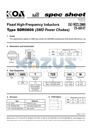 SDR0805T datasheet - Fixed High-Frequency Inductors