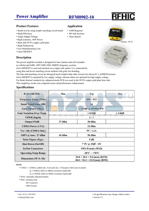 RFM0902-10 datasheet - Power Amplifier