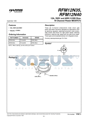 RFM12N35 datasheet - 12A, 350V and 400V, 0.500 Ohm, N-Channel Power MOSFETs