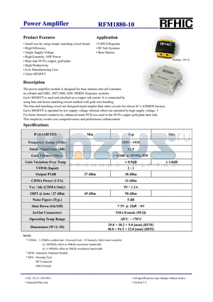 RFM1880-10 datasheet - Power Amplifier