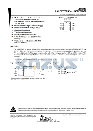 UA9637A datasheet - DUAL DIFFERENTIAL LINE RECEIVER