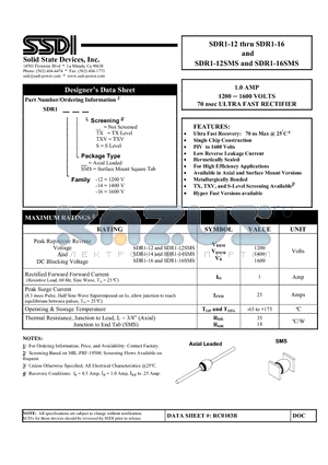 SDR1-14SMSTX datasheet - 1.0 AMP 1200 - 1600 VOLTS 70 nsec ULTRA FAST RECTIFIER