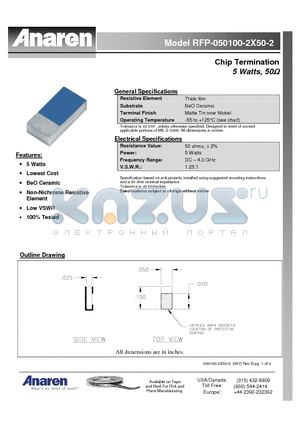 RFP-050100-2X50-2 datasheet - Chip Termination 5 Watts, 50ohm