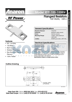 RFP-100-100RW datasheet - Flanged Resistors 100 Watts, 100 ohm