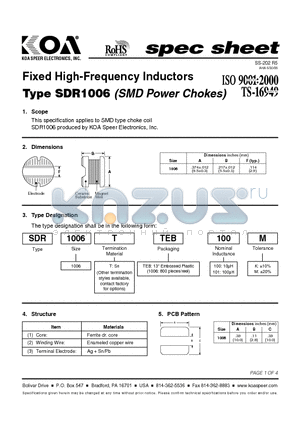SDR1006TTEB100K datasheet - Fixed High-Frequency Inductors
