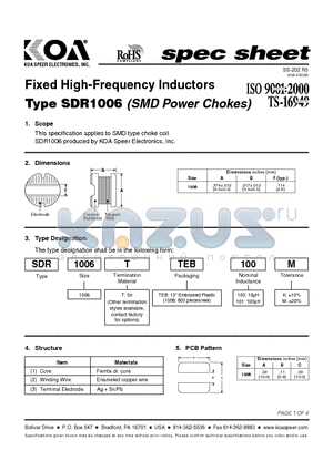 SDR1006T datasheet - Fixed High-Frequency Inductors