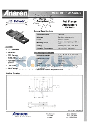 RFP-100-XXAE-S datasheet - Full Flange Attenuators 100 Watts