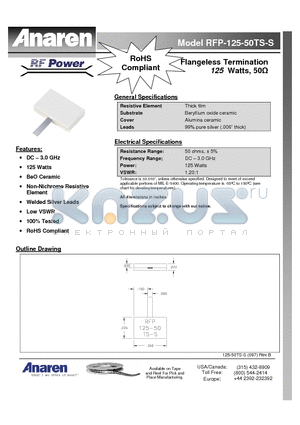 RFP-125-50TS-S datasheet - Flangeless Termination 125 Watts, 50Ohms