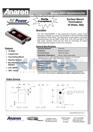 RFP-100200A25Z50 datasheet - Surface Mount Termination 10 Watts, 50ohm
