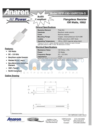 RFP-150-100RCGN-S datasheet - Flangeless Resistor 150 Watts, 100Ohms
