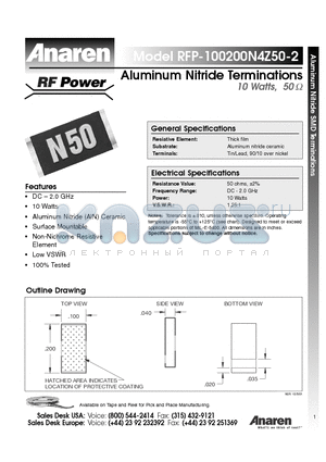 RFP-100200N4Z50-2 datasheet - Aluminum Nitride Terminations 10 Watts, 50ohm