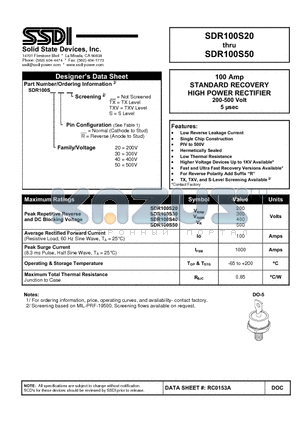 SDR100S30 datasheet - STANDARD RECOVERY HIGH POWER RECTIFIER