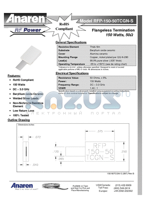 RFP-150-50TCGN-S datasheet - Flangeless Termination 150 Watts, 50W