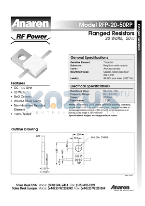 RFP-20-100RP-S datasheet - Flanged Resistors 20 Watts, 50Y