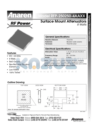 RFP-250250-4AA1 datasheet - Surface Mount Attenuators 8 Watts