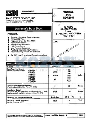 SDR10D datasheet - 10 AMPS 950 -1000 VOLTS 5 uSEC STANDARD RECOVERY RECTIFIER