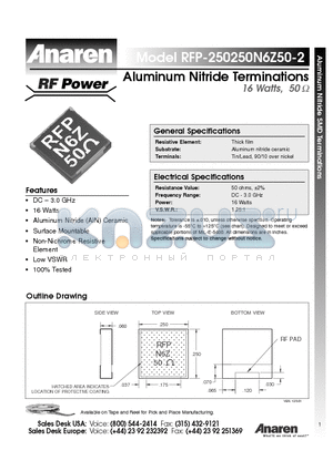 RFP-250250N6Z50-2 datasheet - Aluminum Nitride Terminations 16 Watts, 50ohm