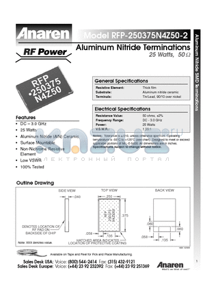 RFP-250375N4Z50-2 datasheet - Aluminum Nitride Terminations 25 Watts, 50ohm
