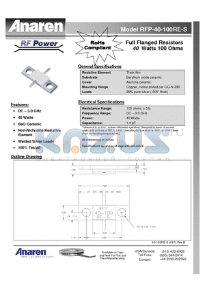 RFP-40-100RE-S datasheet - Full Flanged Resistors 40 Watts 100 Ohms
