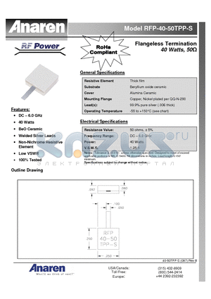 RFP-40-50TPP-S datasheet - Flangeless Termination 40 Watts, 50W