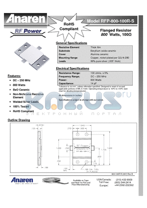 RFP-800-100R-S datasheet - Flanged Resistor 800 Watts, 100