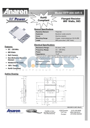 RFP-800-50R-S datasheet - Flanged Resistor 800 Watts, 50ohm