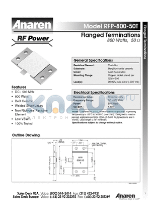 RFP-800-50T datasheet - Flanged Terminations 800 Watts, 50ohm