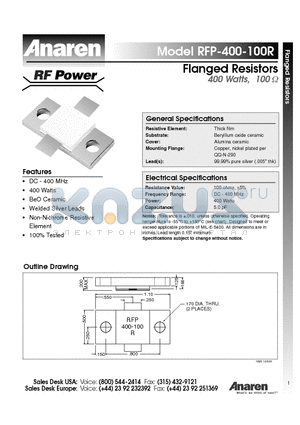 RFP-400-100R datasheet - Flanged Resistors 400 Watts, 100ohm