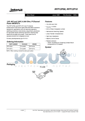 RFP12P10 datasheet - 12A, 80V and 100V, 0.300 Ohm, P-Channel Power MOSFETs