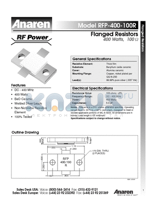 RFP-800-100R datasheet - Flanged Resistors 400 Watts, 100 ohm