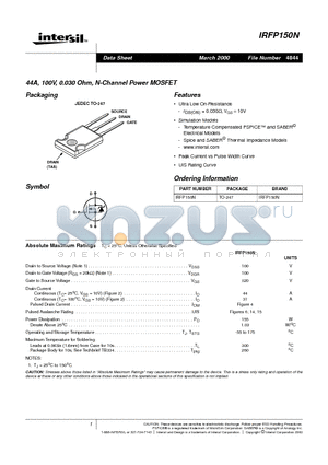 RFP150N datasheet - 44A, 100V, 0.030 Ohm, N-Channel Power MOSFET