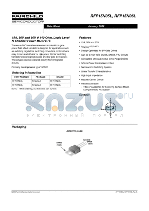 RFP15N05 datasheet - 15A, 50V and 60V, 0.140 Ohm, Logic Level N-Channel Power MOSFETs